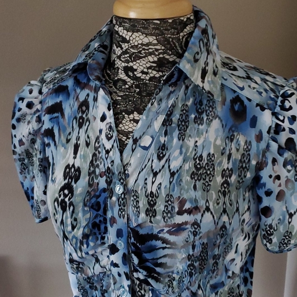 Joanna blue animal print button down top, size PS - Picture 2 of 4